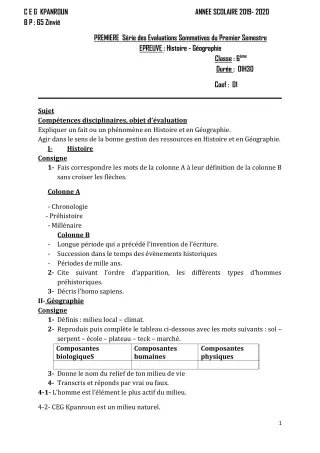Première page de Histoire-Géographie 6e — 1re évaluation sommative, 1er semestre (2019-2020) · CEG Kpanroun