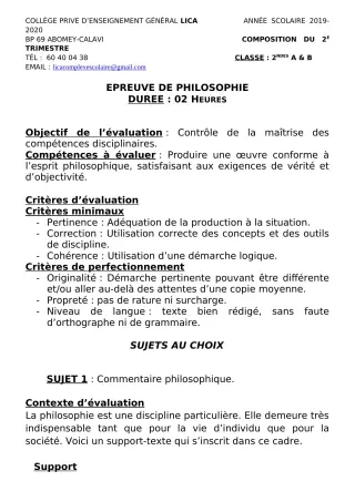 Première page de Philosophie 2nde A2, 2nde B — Composition, 1er trimestre (2019-2020) · CPEG LICA