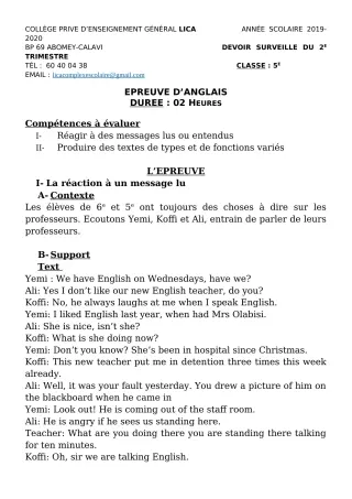 Première page de Anglais 5e — Devoir surveillé, 1er trimestre (2019-2020) · CPEG LICA