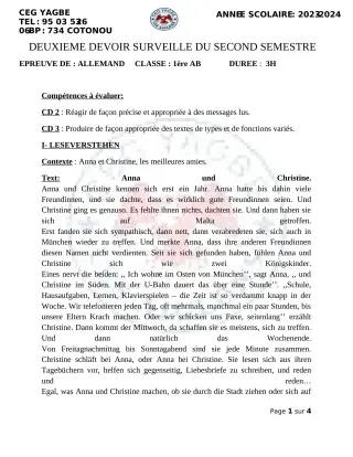 Première page de Allemand 1ère A2, 1ère B — 2e devoir surveillé, 2e semestre (2023-2024) · CEG Yagbe