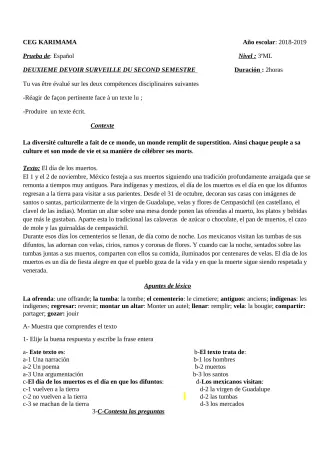 Première page de Espagnol 3e ML — 2e devoir surveillé, 2e semestre (2018-2019) · CEG Karimama
