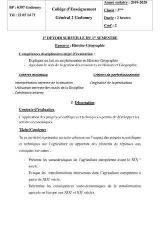 Première page de Histoire-Géographie 3e, 3e ML — 1er devoir surveillé, 1er semestre (2019-2020) · CEG2 Godomey