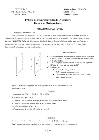Première page de Mathématiques 1ère C — 1er devoir surveillé, 1er semestre (2019-2020) · CEG du Lac