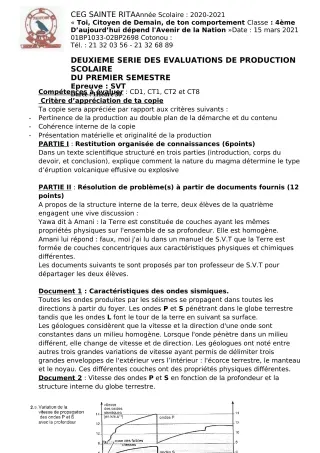 Première page de SVT 4e — Production scolaire, 1er semestre (2020-2021) · CEG Sainte Rita
