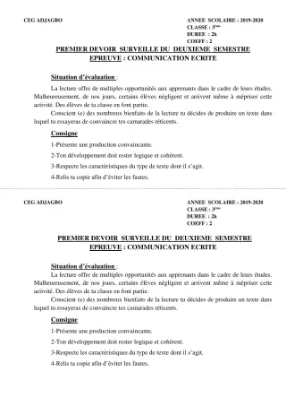 Première page de Français 3e, 3e ML — 1er devoir surveillé, 2e semestre (2019-2020) · CEG ADJAGBO