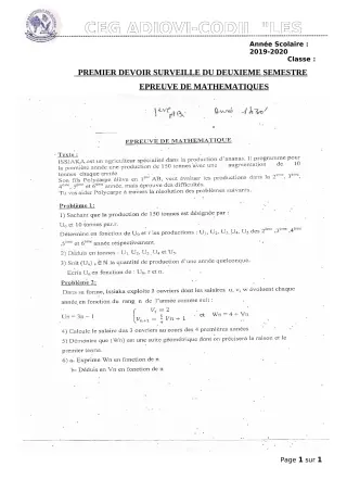Première page de Mathématiques 1ère B — 1er devoir surveillé, 2e semestre (2019-2020) · CEG ADJOVICODJI 'LES OLIVIERS'