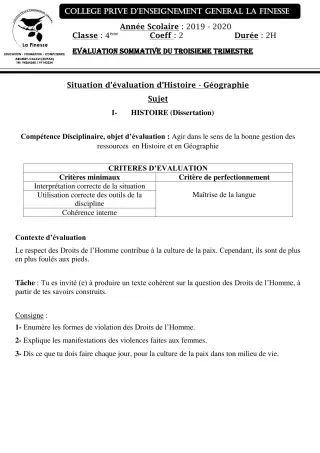 Première page de Histoire-Géographie 4e — Évaluation sommative, 3e trimestre (2019-2020) · CPEG La Finesse