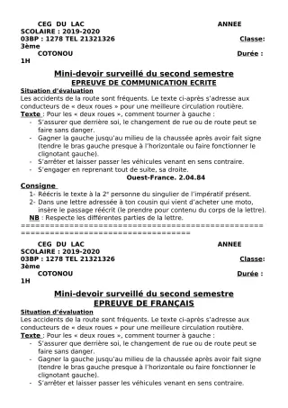 Première page de Français 3e ML — Devoir surveillé, 2e semestre (2019-2020) · CEG du Lac