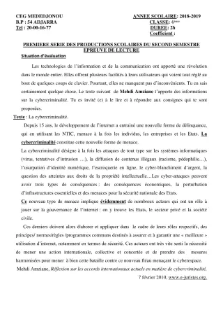 Première page de Français 4e, 4e ML — 1re production scolaire, 2e semestre (2018-2019) · CEG Mèdédjonou