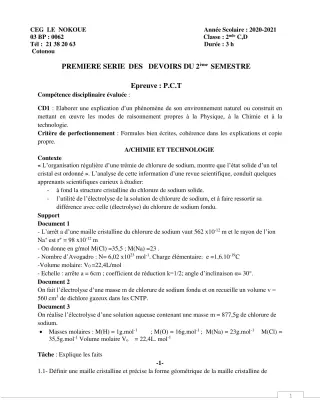 Première page de PCT 2nde C, 2nde D — 1er devoir surveillé, 2e semestre (2020-2021) · CEG LE NOKOUE