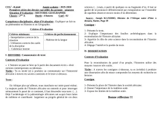 Première page de Histoire-Géographie 2nde A2 — Devoir surveillé, 1er semestre (2019-2020) · CEG1 Kalalé