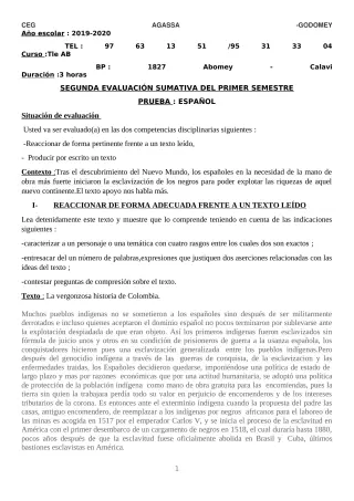 Première page de Espagnol Tle A1, Tle A2, Tle B — 2019-2020 · CEG Agassa Godomey