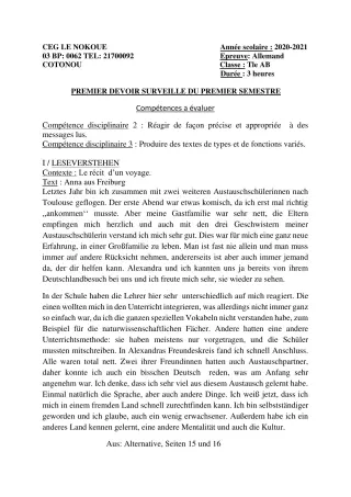Première page de Allemand Tle A1, Tle A2, Tle B — 1er devoir surveillé, 1er semestre (2021-2022) · CEG LE NOKOUE