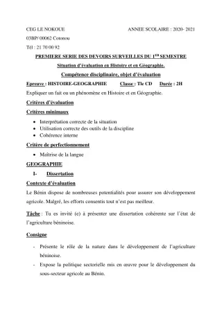 Première page de Histoire-Géographie Tle C, Tle D — 1er devoir surveillé, 1er semestre (2020-2021) · CEG LE NOKOUE