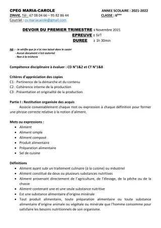 Première page de SVT 6e — Devoir surveillé, 1er trimestre (2021-2022) · CPEG MARIA-CAROLE