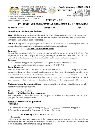 Première page de PCT 4e — 1re production scolaire, 1er semestre (2023-2024) · CEG1 Ikpinlè