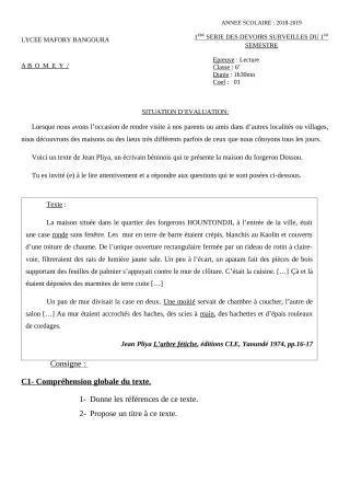 Première page de Français 6e — 1er devoir surveillé, 1er semestre (2018-2019) · Lycée Houegbadja d'Abomey (Ex Mafory Bangoura)