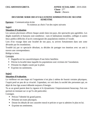 Première page de Français 3e, 3e ML — 2e évaluation sommative, 2e semestre (2019-2020) · CEG Ahossougbéta