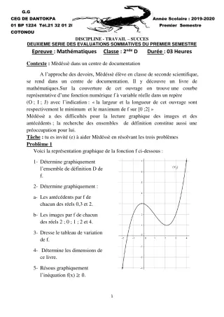 Première page de Mathématiques 2nde D — 2e évaluation sommative, 1er semestre (2019-2020) · CEG Dantokpa