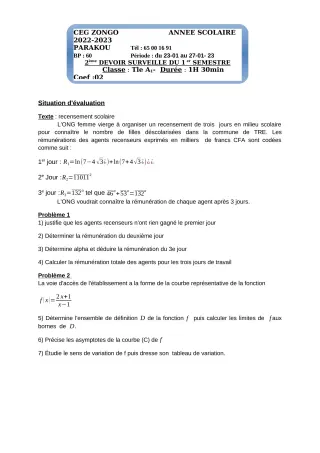 Première page de Mathématiques Tle A1 — 2e devoir surveillé, 1er semestre (2022-2023) · CEG ZONGO