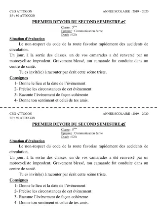 Première page de Français 5e — 1er devoir surveillé, 2e semestre (2019-2020) · CEG Attogon