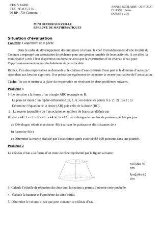 Première page de Mathématiques 3e, 3e ML — 1er devoir surveillé (2019-2020) · CEG Yagbe