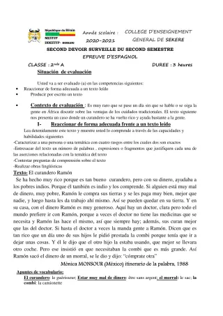 Première page de Espagnol 2nde A2 — 2e devoir surveillé, 2e semestre (2020-2021) · CEG SEKERE