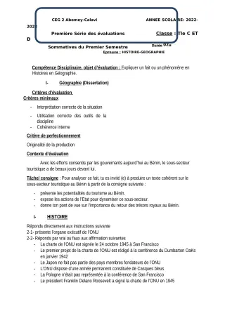 Première page de Histoire-Géographie Tle C — 1re évaluation sommative, 1er semestre (2022-2023) · CEG2 ABOMEY - CALAVI (CEG ZOCA)
