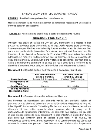 Première page de Devoir surveillé de SVT — 2nde D — CEG Banikanni (2018)