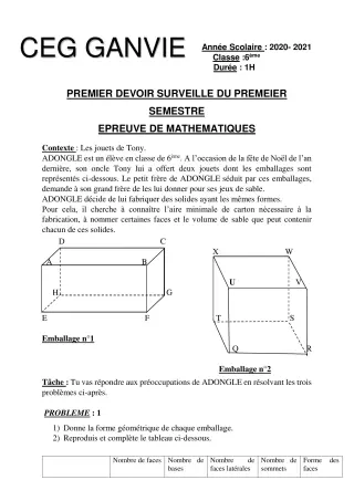 Première page de Mathématiques 6e — 1er devoir surveillé (2020-2021) · CEG Ganvié