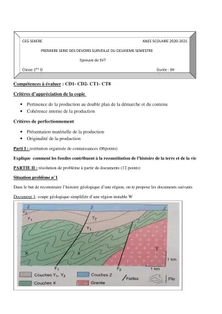 Première page de SVT 1ère D — 1er devoir surveillé, 2e semestre (2020-2021) · CEG SEKERE
