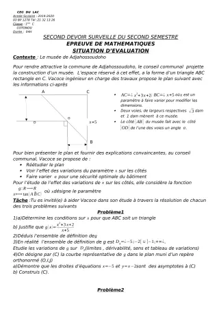 Première page de Mathématiques 1ère C — 2e devoir surveillé, 2e semestre (2019-2020) · CEG du Lac