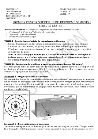 Première page de SVT 4e — 1er devoir surveillé, 2e semestre (2020-2021) · CEG FIYEGNON