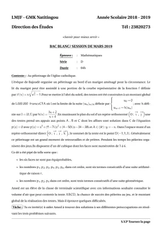 Première page de Devoir surveillé de MATHS GENE — Tle D — LMJFGMK (2018)
