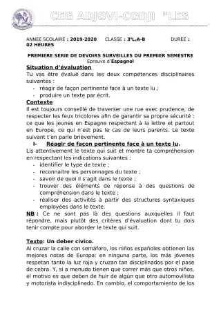 Première page de Espagnol 3e ML — 1er devoir surveillé, 1er semestre (2019-2020) · CEG ADJOVICODJI 'LES OLIVIERS'