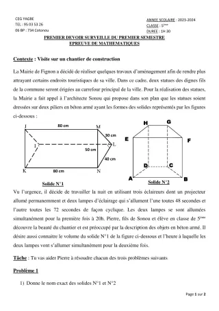 Première page de Mathématiques 5e — 1er devoir surveillé, 1er semestre (2023-2024) · CEG Yagbe