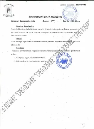 Première page de Français 5e — 1er trimestre (2020-2021) · CPEG ROSAIRE