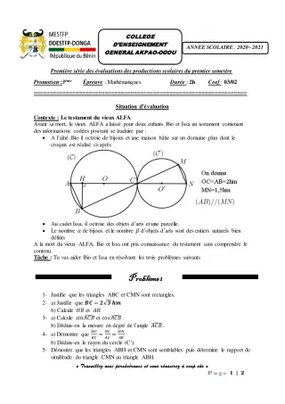 Première page de Mathématiques 3e, 3e ML — Production scolaire, 1er semestre (2020-2021) · CEG Akpao-Ogou
