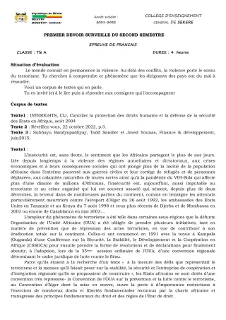 Première page de Français Tle A2 — 1er devoir surveillé, 2e semestre (2021-2022) · CEG SEKERE