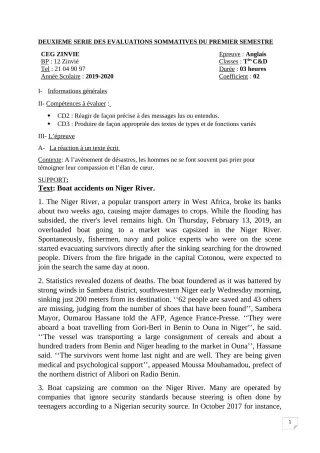 Première page de Anglais Tle C, Tle D — 2e évaluation sommative, 1er semestre (2019-2020) · CEG Zinvié