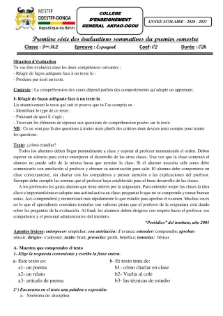 Première page de Espagnol 4e, 3e ML — 1re évaluation sommative, 1er semestre (2020-2021) · CEG Akpao-Ogou