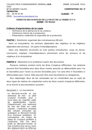 Première page de SVT 5e — Composition, 1er trimestre (2019-2020) · CPEG LICA