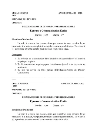 Première page de Français 6e — 2e devoir surveillé, 1er semestre (2022-2023) · CEG LE NOKOUE