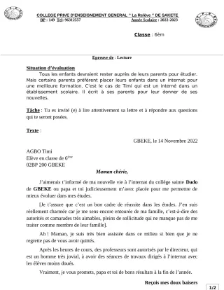 Première page de Devoir surveillé de FRANCAIS — 6e — CPEG LA RELEVE (2022)