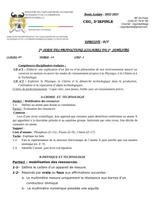 Première page de PCT 4e — 1re production scolaire, 1er semestre (2022-2023) · CEG1 Ikpinlè