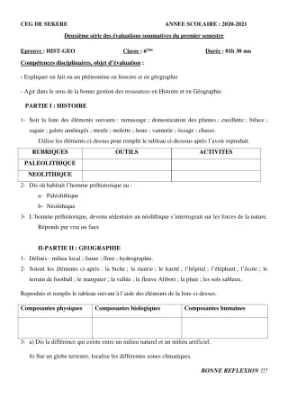 Première page de Histoire-Géographie 6e — 2e évaluation sommative, 1er semestre (2020-2021) · CEG SEKERE