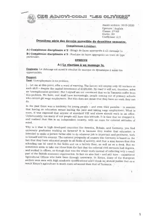 Première page de Anglais 1ère B — 2e devoir surveillé, 2e semestre (2019-2020) · CEG ADJOVICODJI 'LES OLIVIERS'
