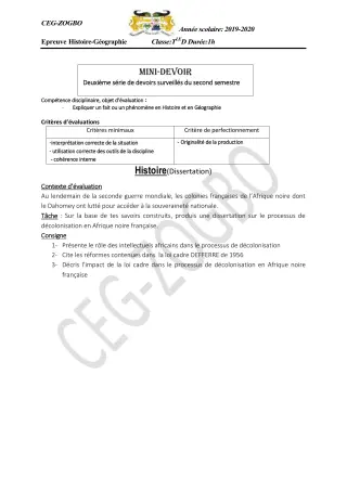 Première page de Histoire-Géographie Tle C, Tle D — 2e devoir surveillé, 2e semestre (2019-2020) · CEG ZOGBO
