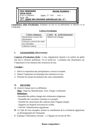 Première page de Histoire-Géographie 2nde C, 2nde D — 2e devoir surveillé, 2e semestre (2018-2019) · CEG OKEDAMA