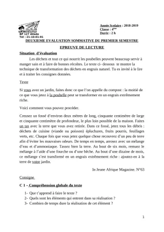 Première page de Français 4e ML — 2e évaluation sommative, 1er semestre (2018-2019) · CEG Sékou